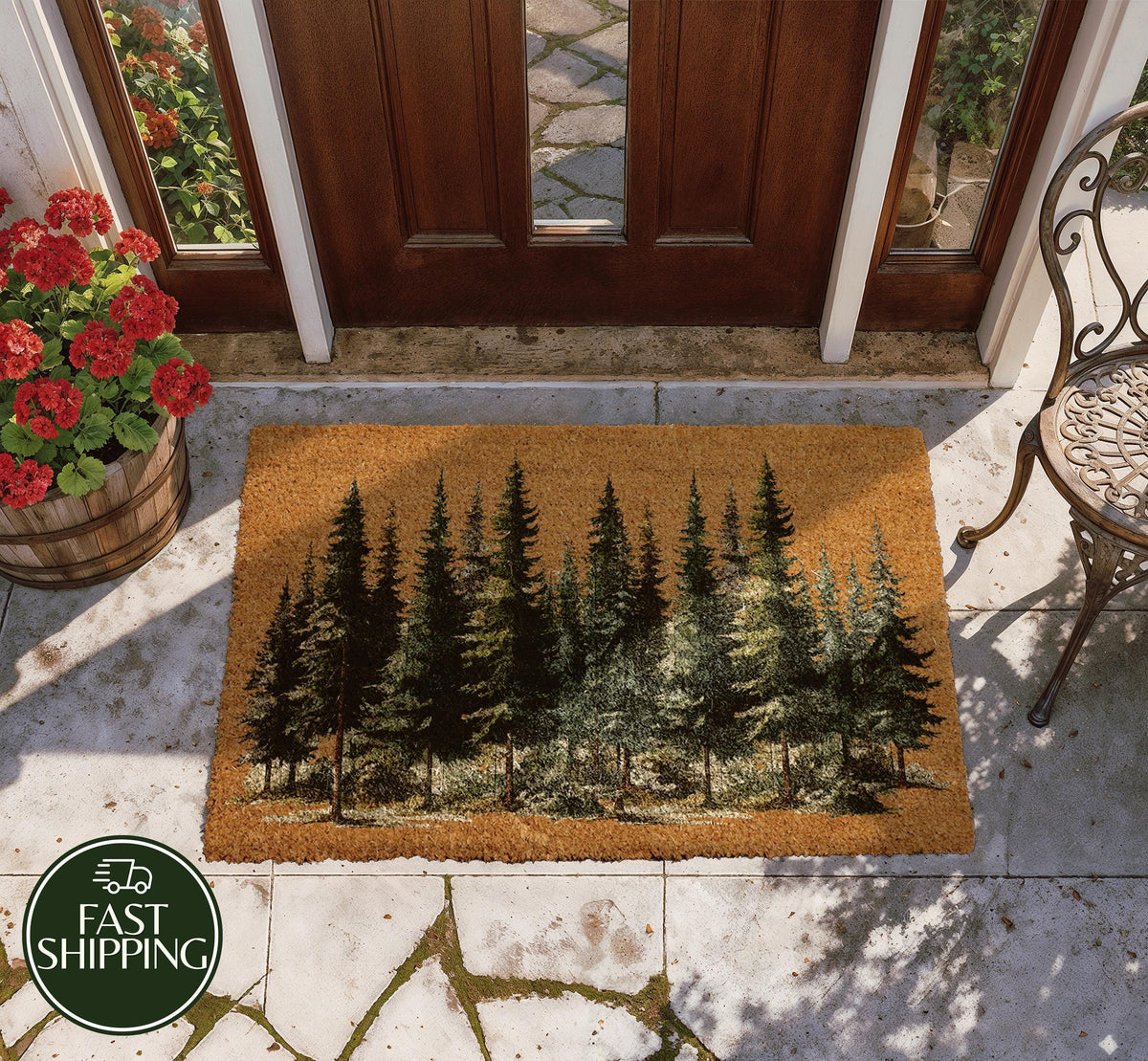 Pine Tree Forest Welcome Mat, Woodland Landscape Doormat, Rustic Cabin Decor