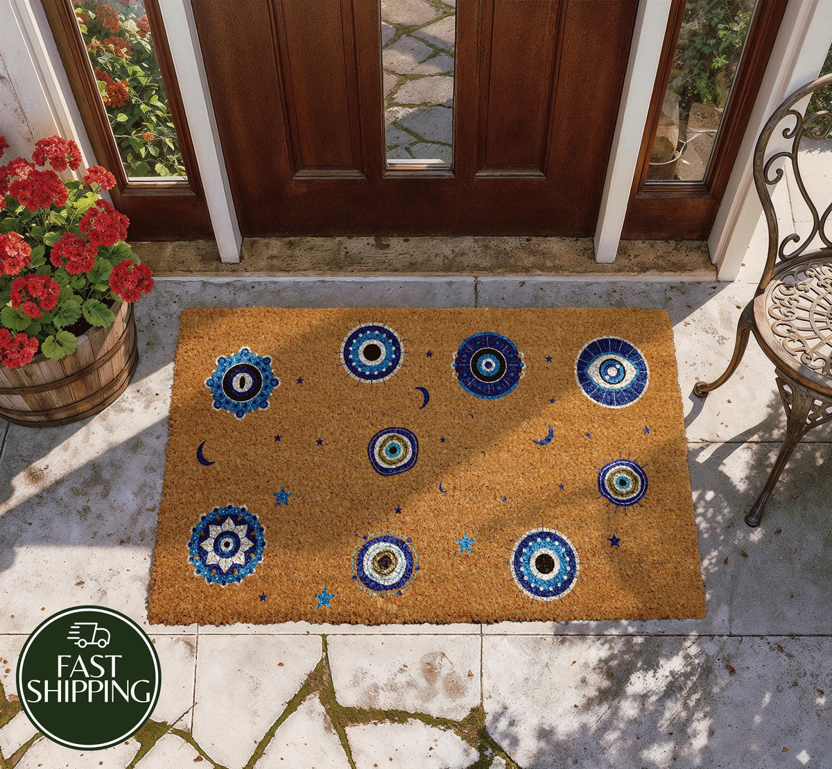 Evil Eye Design Protective Doormat, Spiritual Good Vibes Welcome Mat