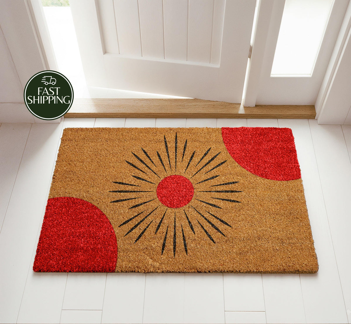 Modern Sunburst Welcome Mat, Abstract Sun Illustration Doormat