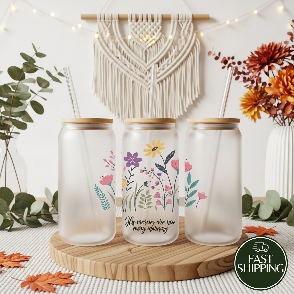 His Mercies Are New Every Morning Bamboo Lid Tumbler, Floral Bible Verse Iced Coffee Cup