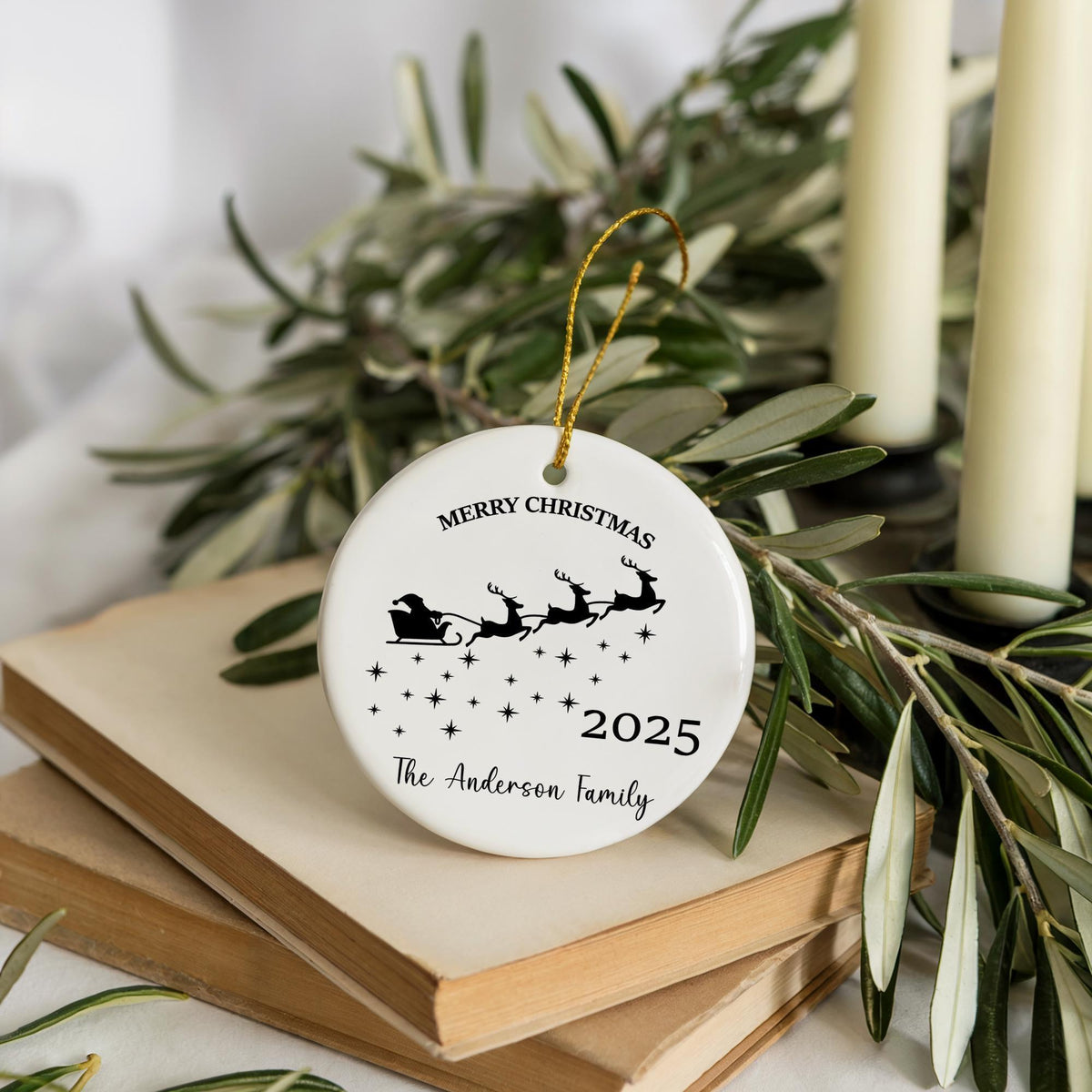 Personalized Santa Sleigh Christmas Ceramic Ornament