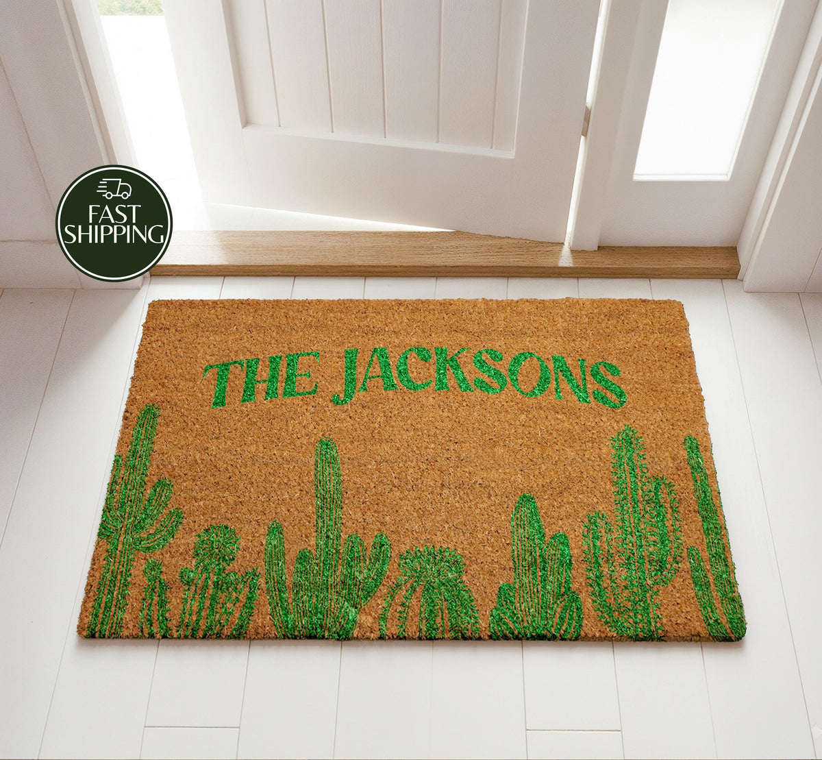 Custom Family Name Cactus Doormat, Personalized Southwest Style Welcome Mat