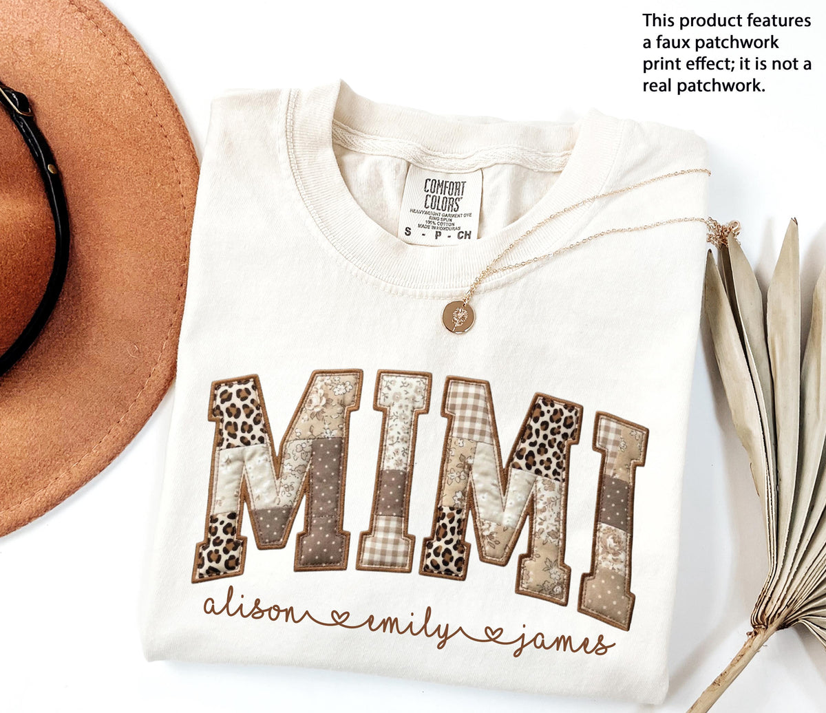 Comfort Colors® Faux Patchwork Mama T-Shirt, Leopard Nana Gigi Tee, Custom Mother's Day Gift, Mama with Kids Names Tee