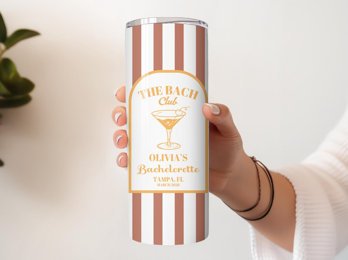 Custom Name Striped Bachelorette Tumbler, Personalized Beach Bach Party Cups