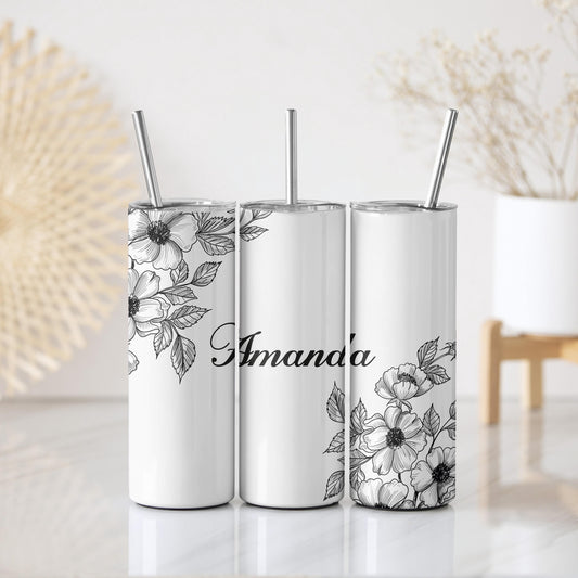 Custom Name Black and White Flower Travel Tumbler, Cottage Core Line Art Coffee Cup
