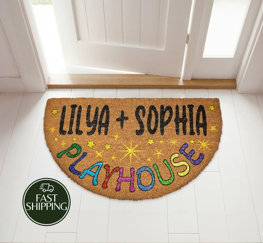 Custom Name Playhouse Welcome Mat, Personalized Kids Playroom Semi Circle Doormat