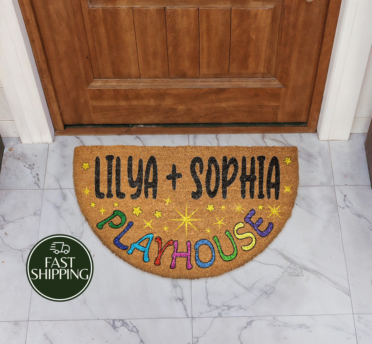 Custom Name Playhouse Welcome Mat, Personalized Kids Playroom Semi Circle Doormat