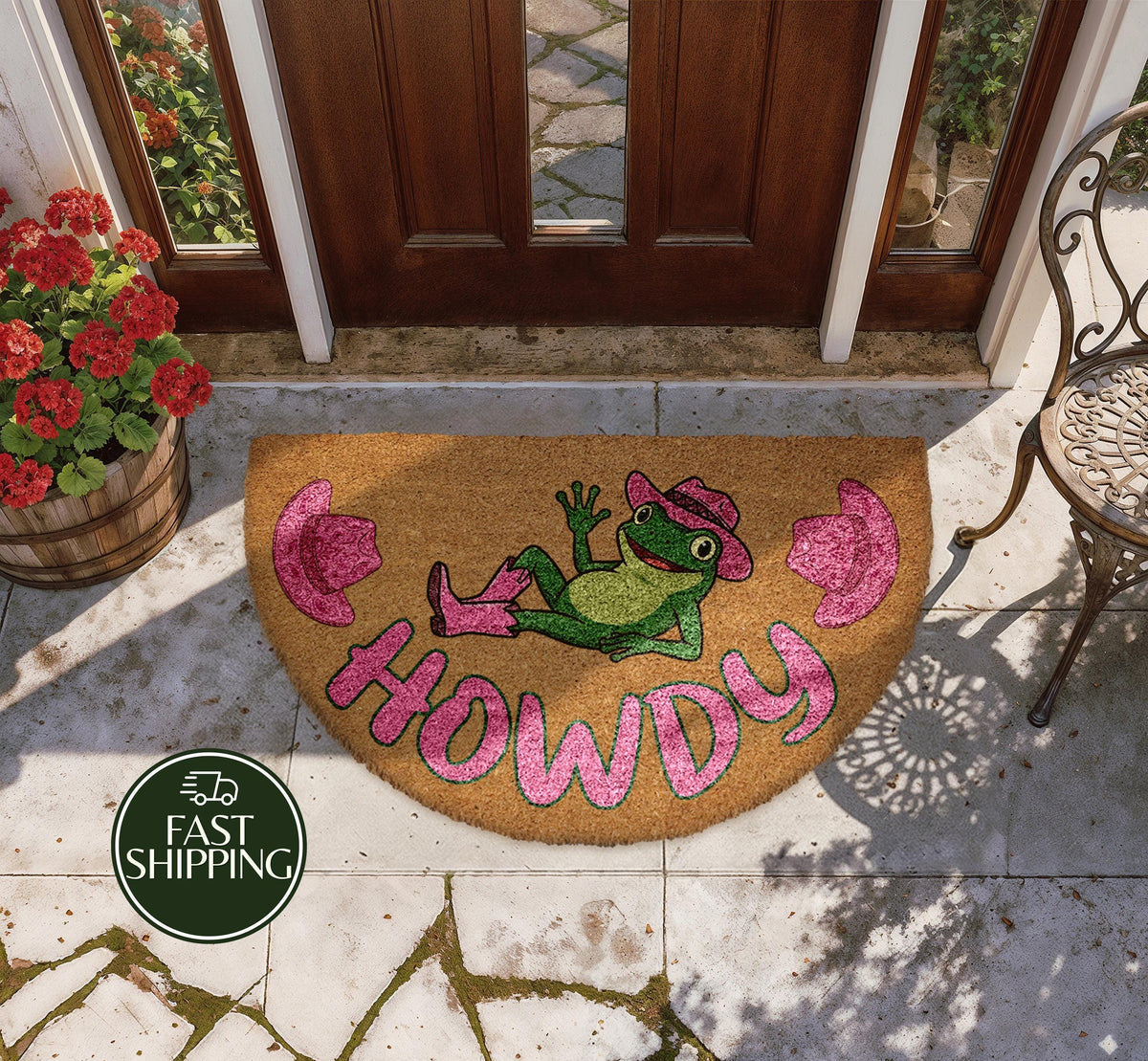 Pink Howdy Welcome Mat, Cowboy Hat Frog Semi Circle Doormat, Funny Western Housewarming Gift