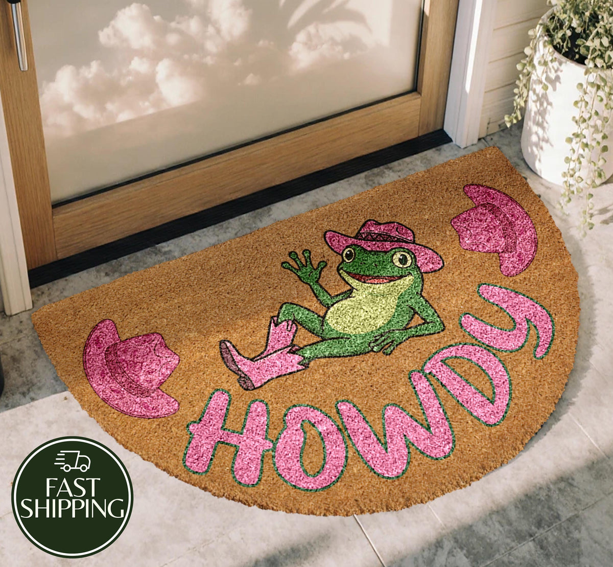 Pink Howdy Welcome Mat, Cowboy Hat Frog Semi Circle Doormat, Funny Western Housewarming Gift