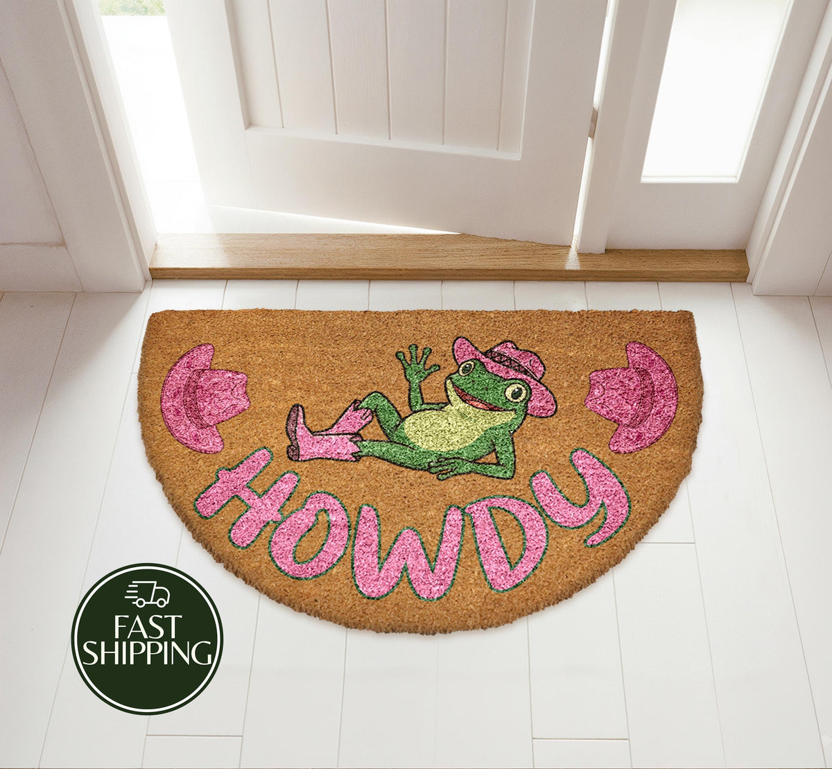 Pink Howdy Welcome Mat, Cowboy Hat Frog Semi Circle Doormat, Funny Western Housewarming Gift
