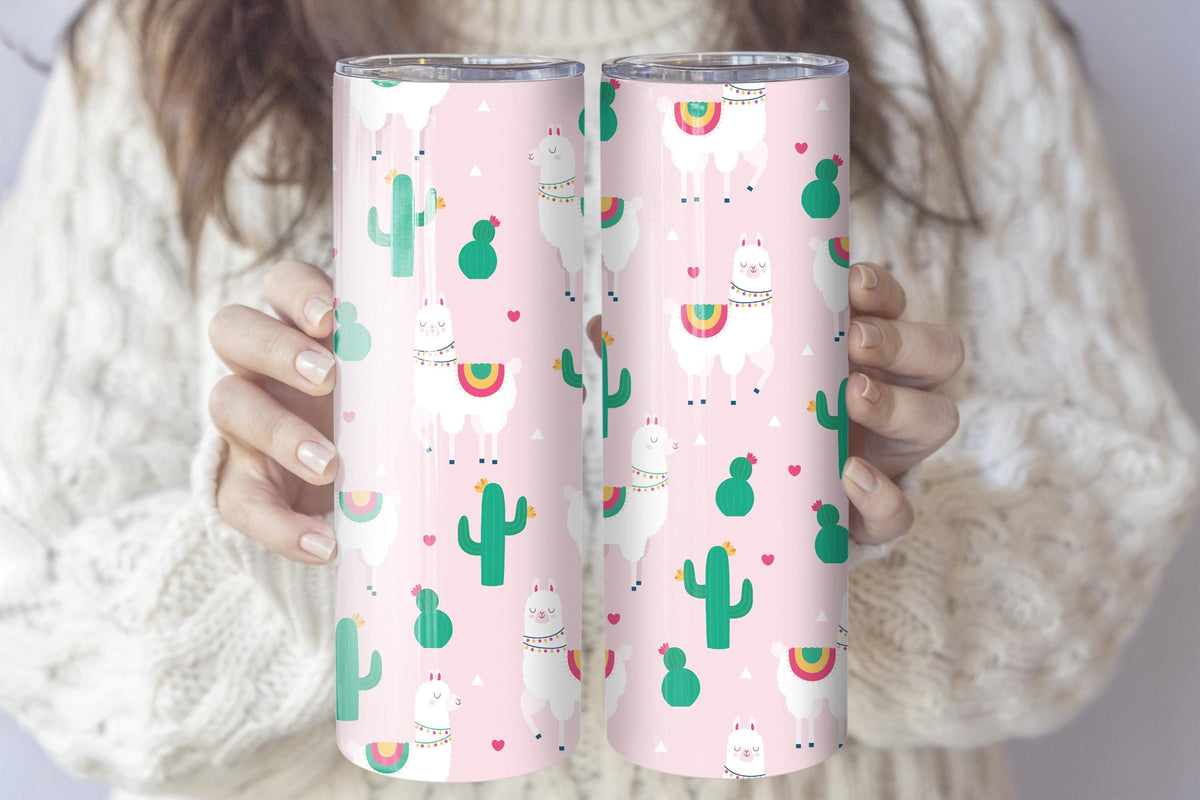 Llama and Cactus Tumbler With Straw, Pink Alpaca Pattern Coffee Cup, Trendy Travel Gift For Her