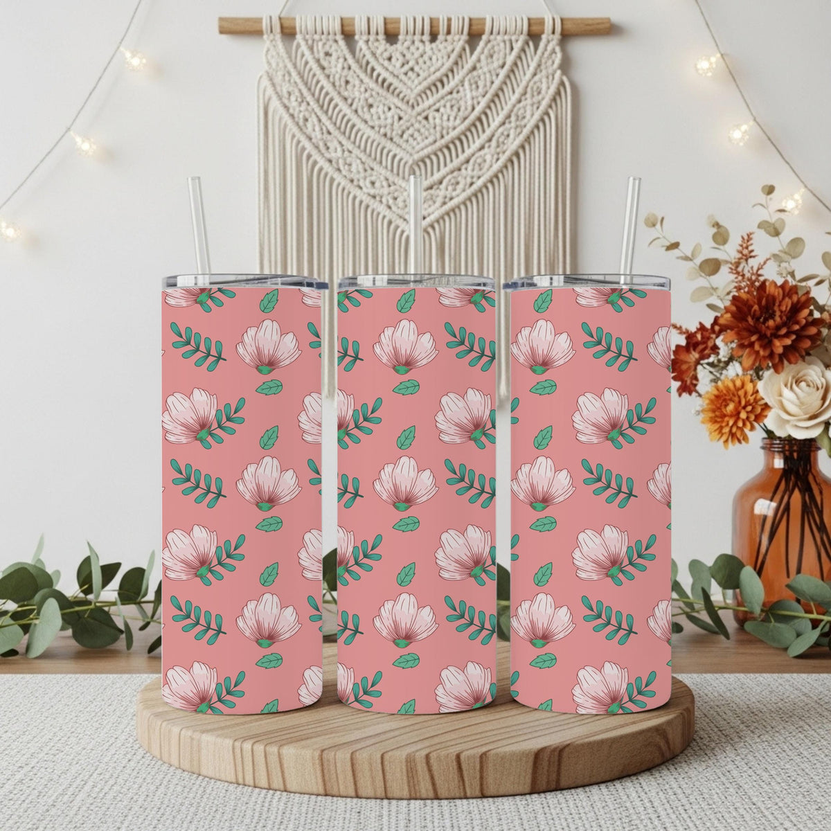Pink Peony Floral Tumbler with Straw, Aesthetic Flower Pattern Travel Cup