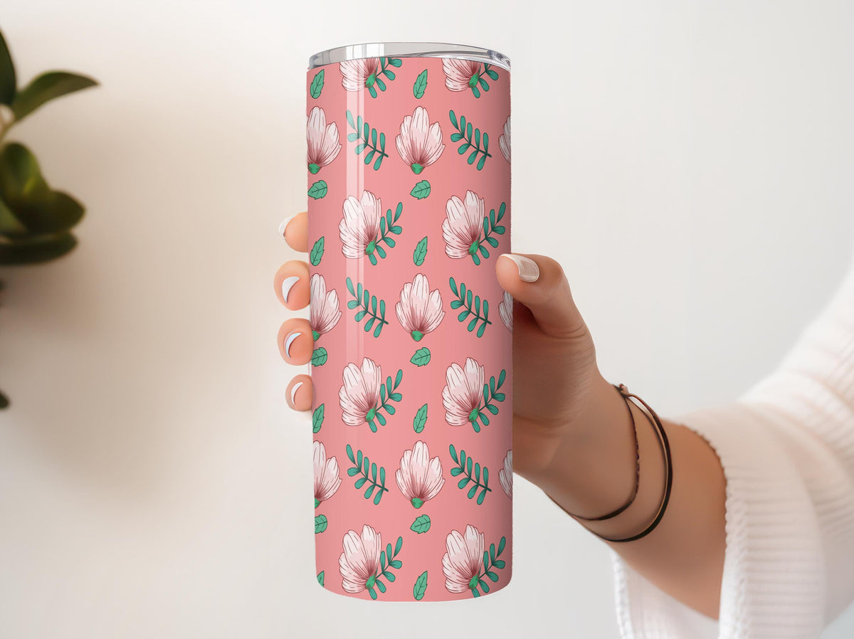 Pink Peony Floral Tumbler with Straw, Aesthetic Flower Pattern Travel Cup