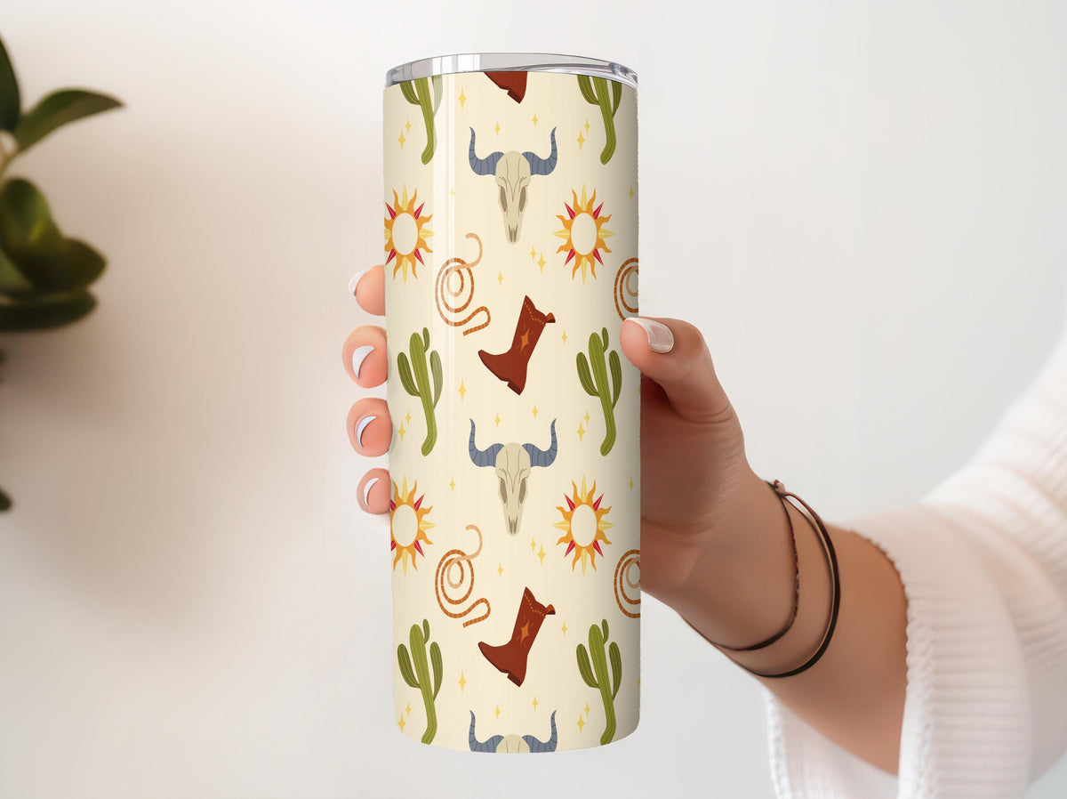 Western Cowboy Coffee Tumbler, Boots and Bull Skulls Design Insulated Cup