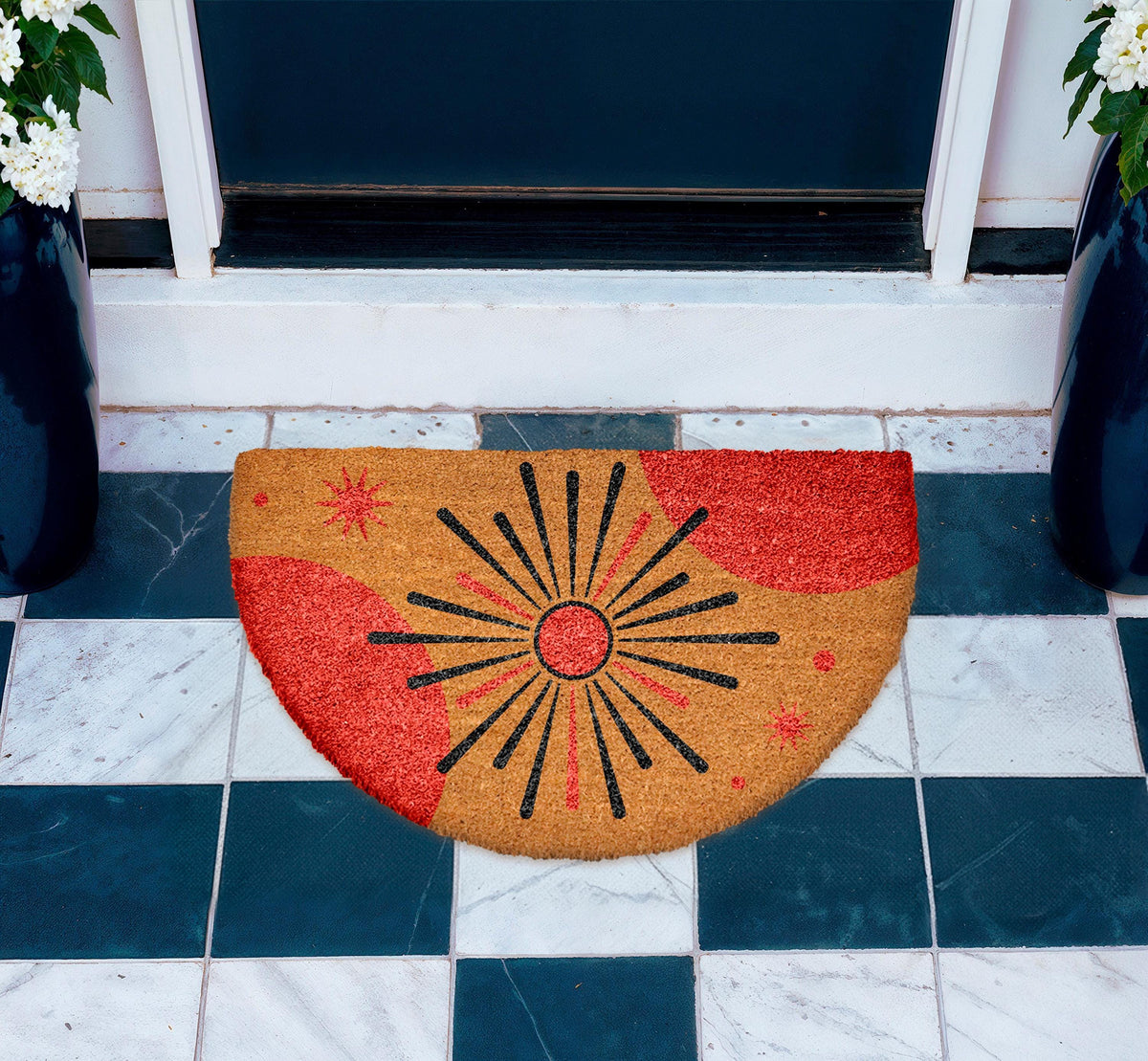 Boho Starburst Doormat, Mid Century Modern Coir Doormat, Retro Welcome Entrance Rug