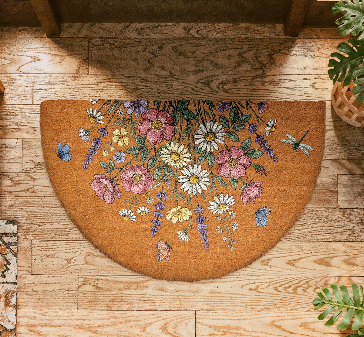 Spring Flowers Welcome Coir Doormat, Spring Blossom Home Decor, Floral Front Door Mat
