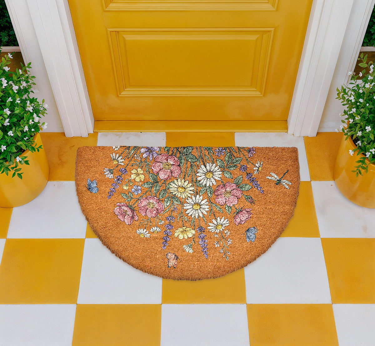 Spring Flowers Welcome Coir Doormat, Spring Blossom Home Decor, Floral Front Door Mat