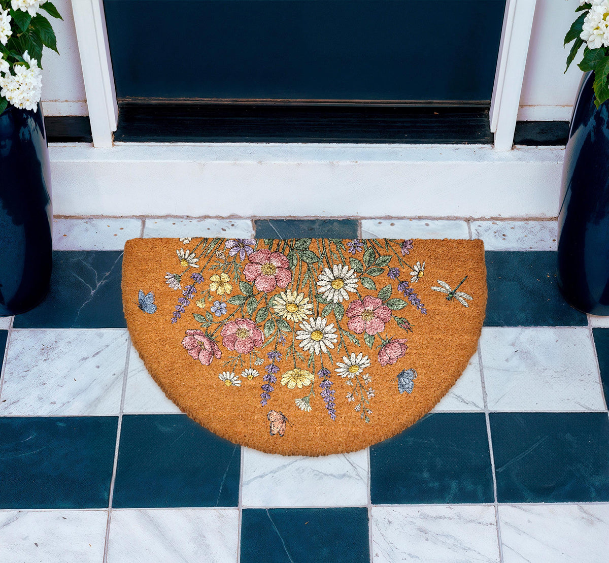 Spring Flowers Welcome Coir Doormat, Spring Blossom Home Decor, Floral Front Door Mat