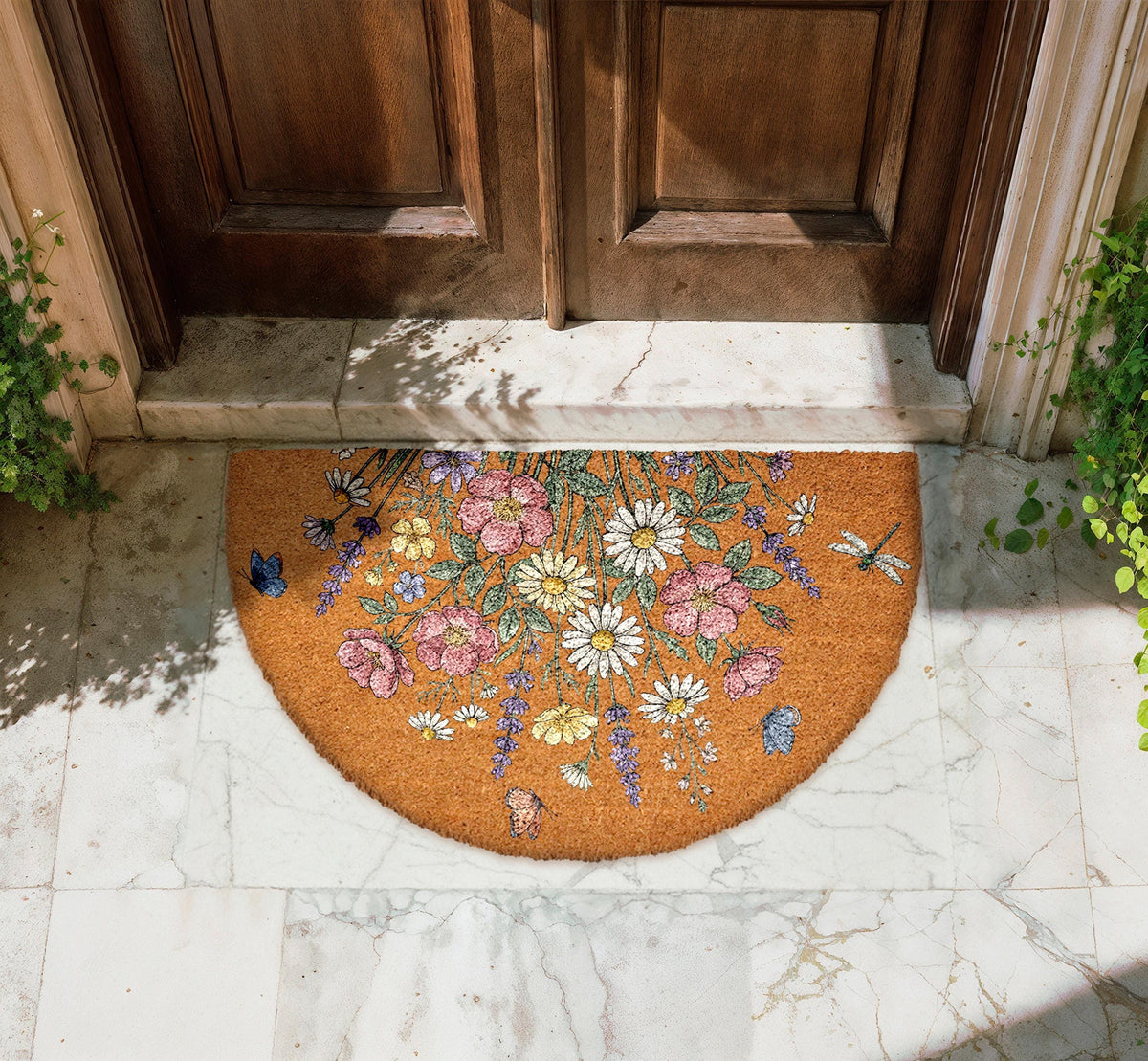 Spring Flowers Welcome Coir Doormat, Spring Blossom Home Decor, Floral Front Door Mat