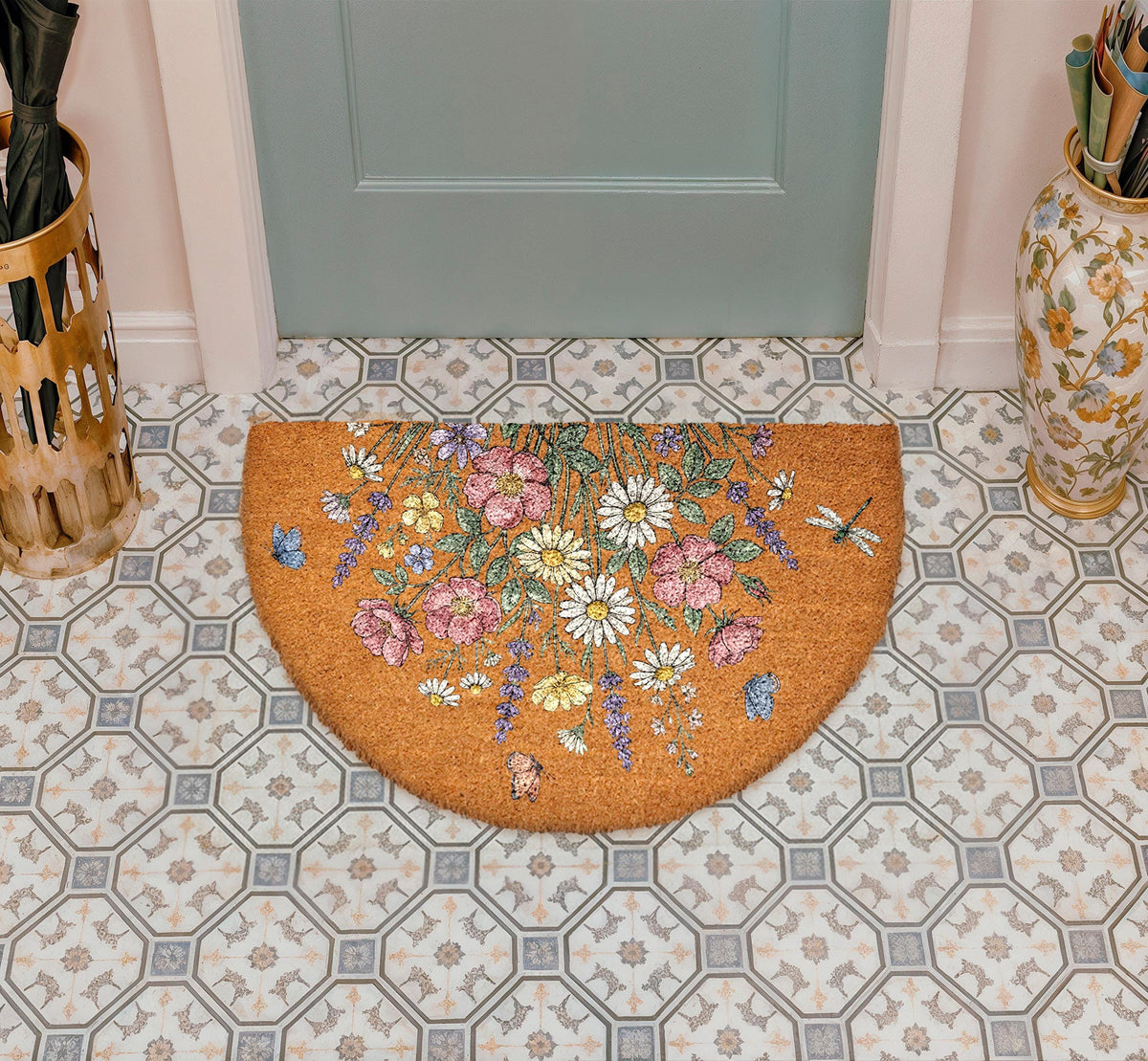 Spring Flowers Welcome Coir Doormat, Spring Blossom Home Decor, Floral Front Door Mat
