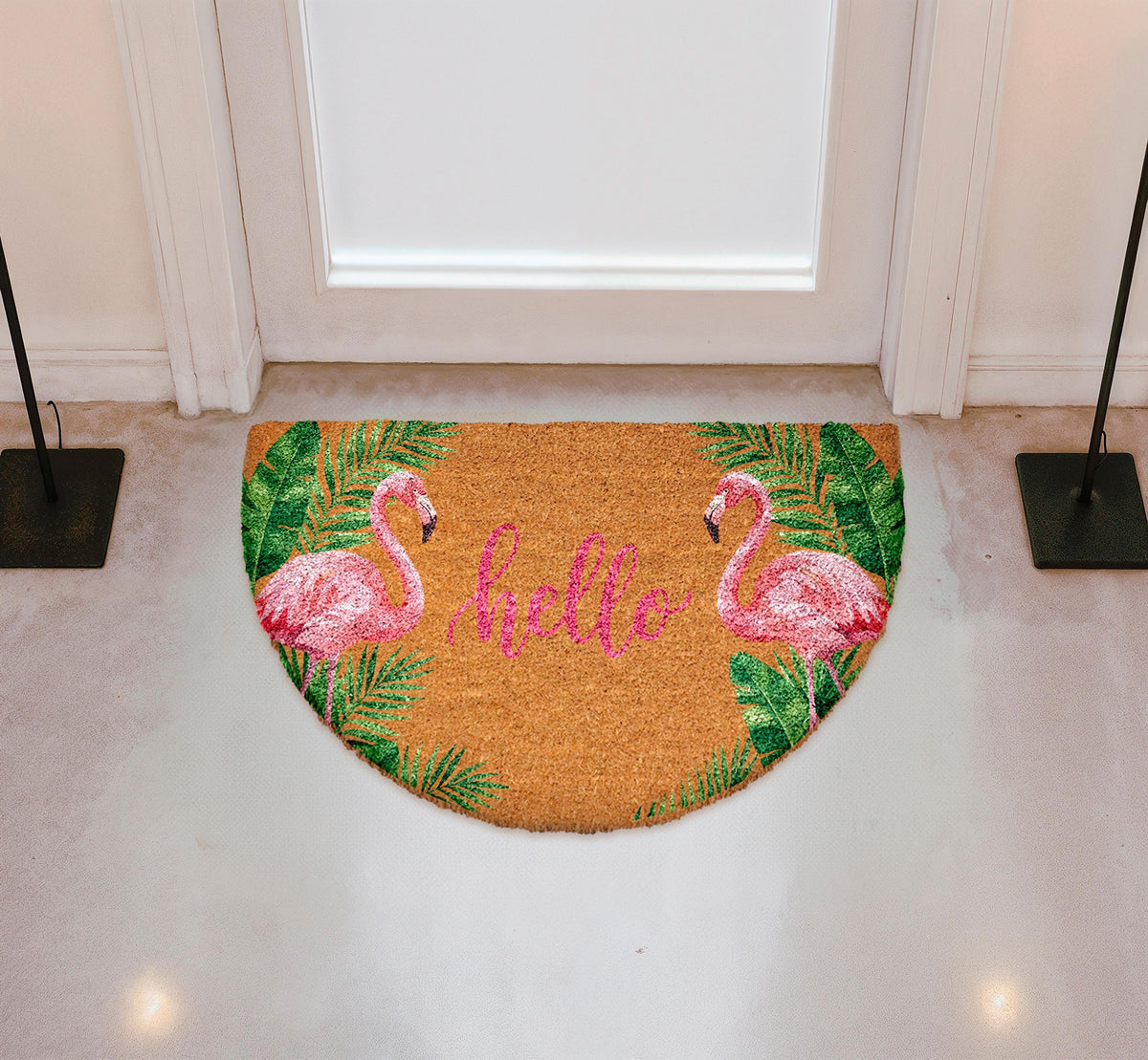 Pink Flamingo Welcome Doormat, Tropical Vibe Natural Coir Mat, Tropical Leaves Welcome Mat