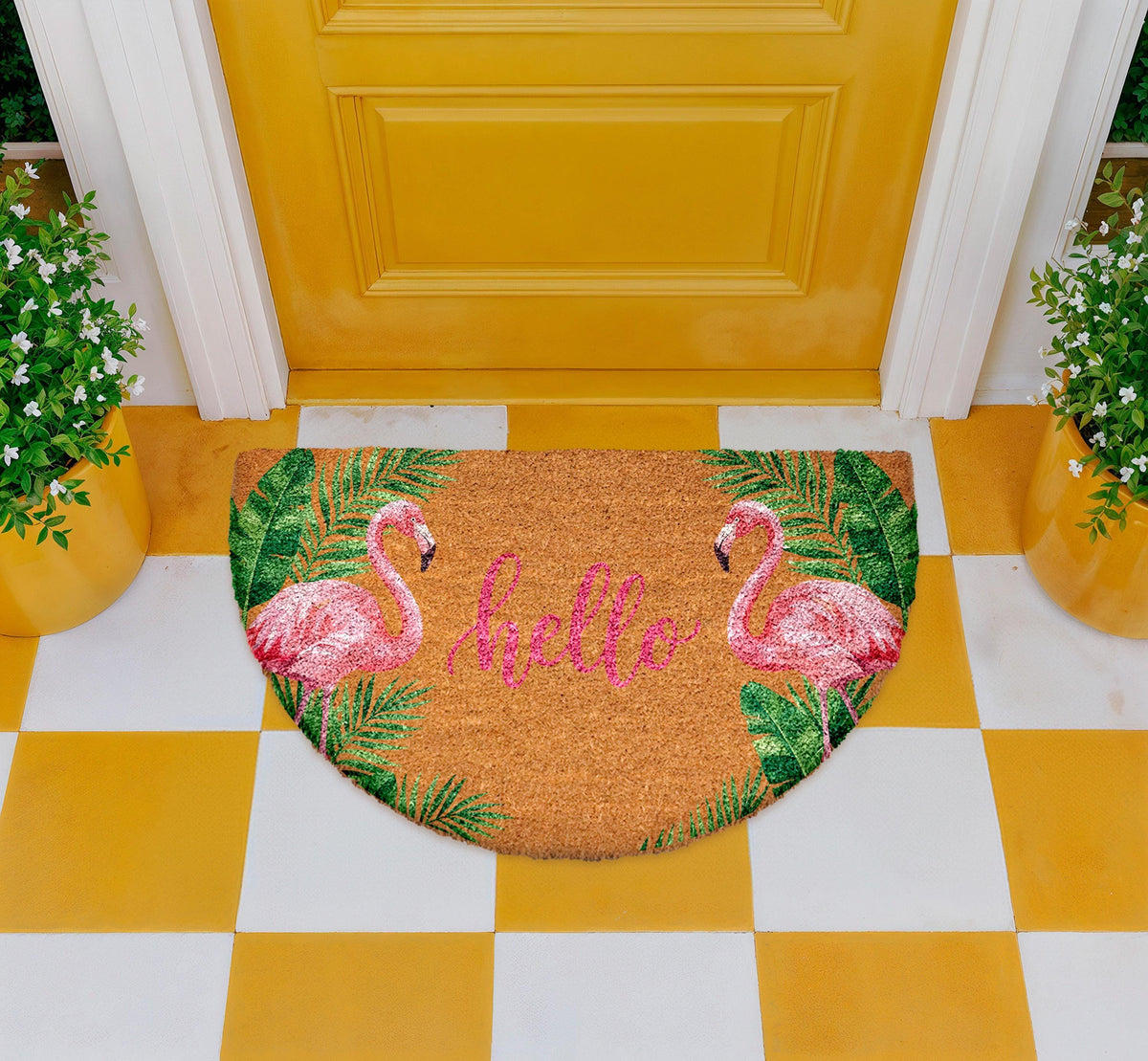 Pink Flamingo Welcome Doormat, Tropical Vibe Natural Coir Mat, Tropical Leaves Welcome Mat