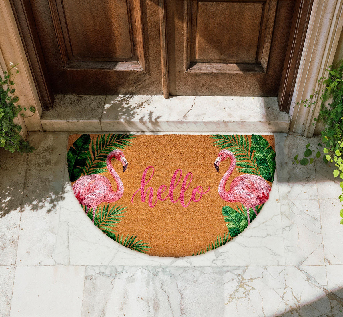 Pink Flamingo Welcome Doormat, Tropical Vibe Natural Coir Mat, Tropical Leaves Welcome Mat