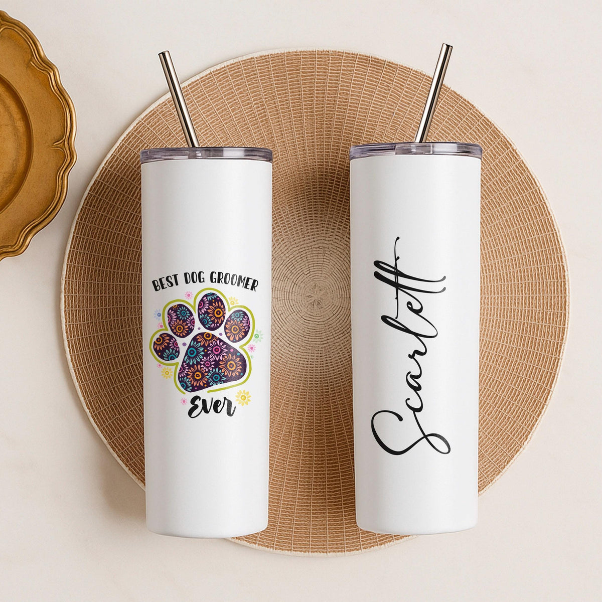 Personalized Dog Groomer Tumbler, Custom Name Pet Travel Mug, Paw Print Coffee Cup