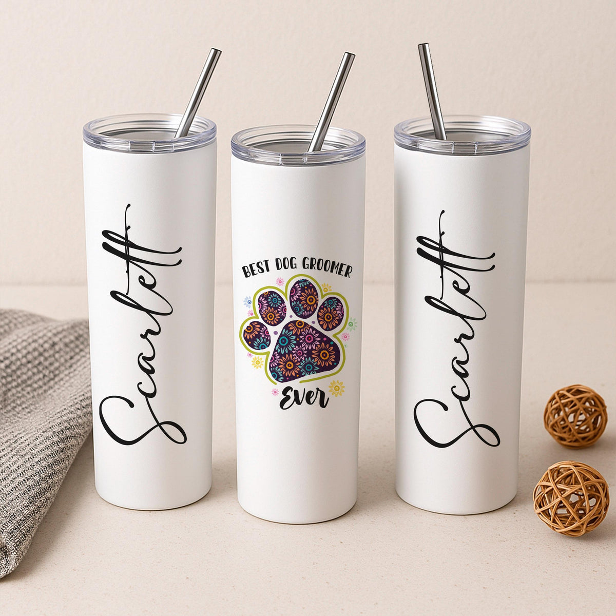 Personalized Dog Groomer Tumbler, Custom Name Pet Travel Mug, Paw Print Coffee Cup