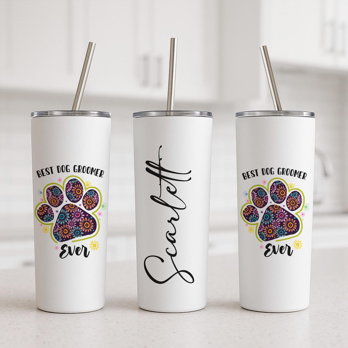 Personalized Dog Groomer Tumbler, Custom Name Pet Travel Mug, Paw Print Coffee Cup