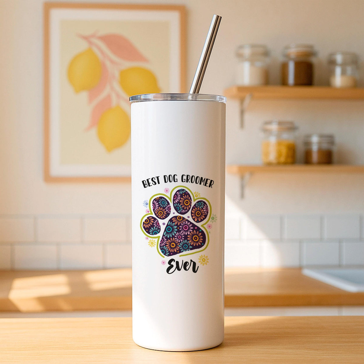 Personalized Dog Groomer Tumbler, Custom Name Pet Travel Mug, Paw Print Coffee Cup