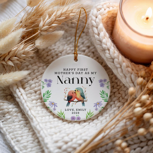 Personalized First Mother's Day as My Nanny Ornament, Floral Grandma Ceramic Keepsake