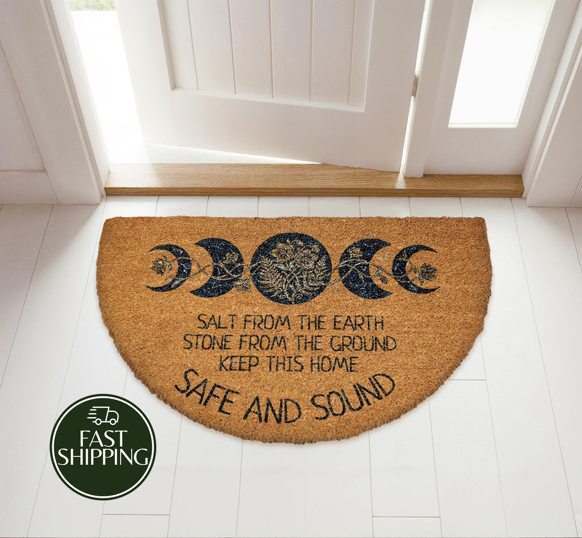 Salt From The Earth Welcome Mat, Celestial Moon Phases Blessing Doormat