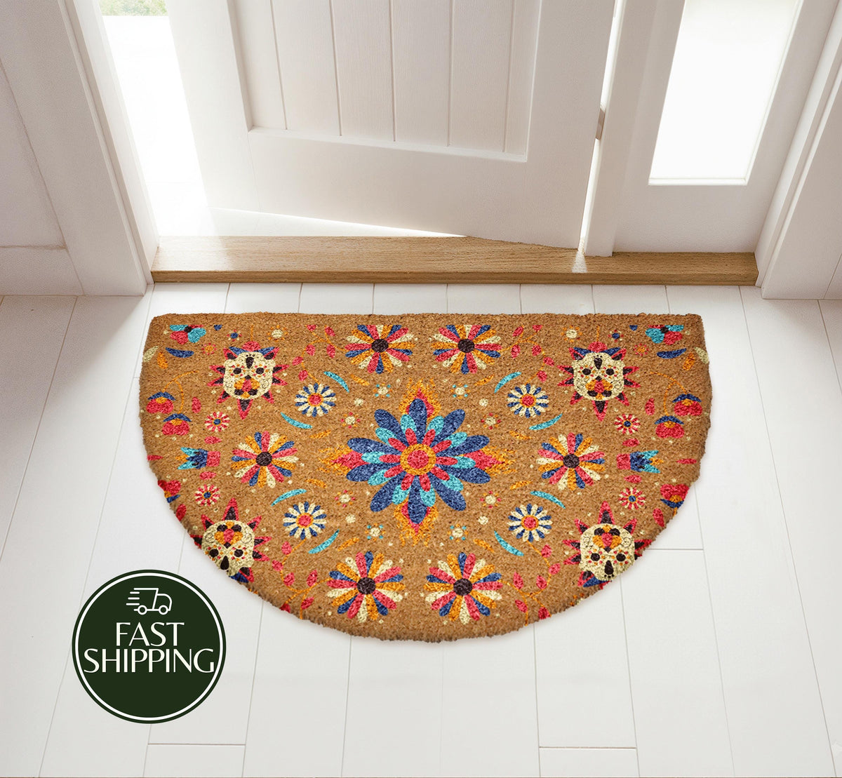 Aesthetic Bohemian Floral Doormat, Colorful Mandala Flower Pattern Welcome Mat