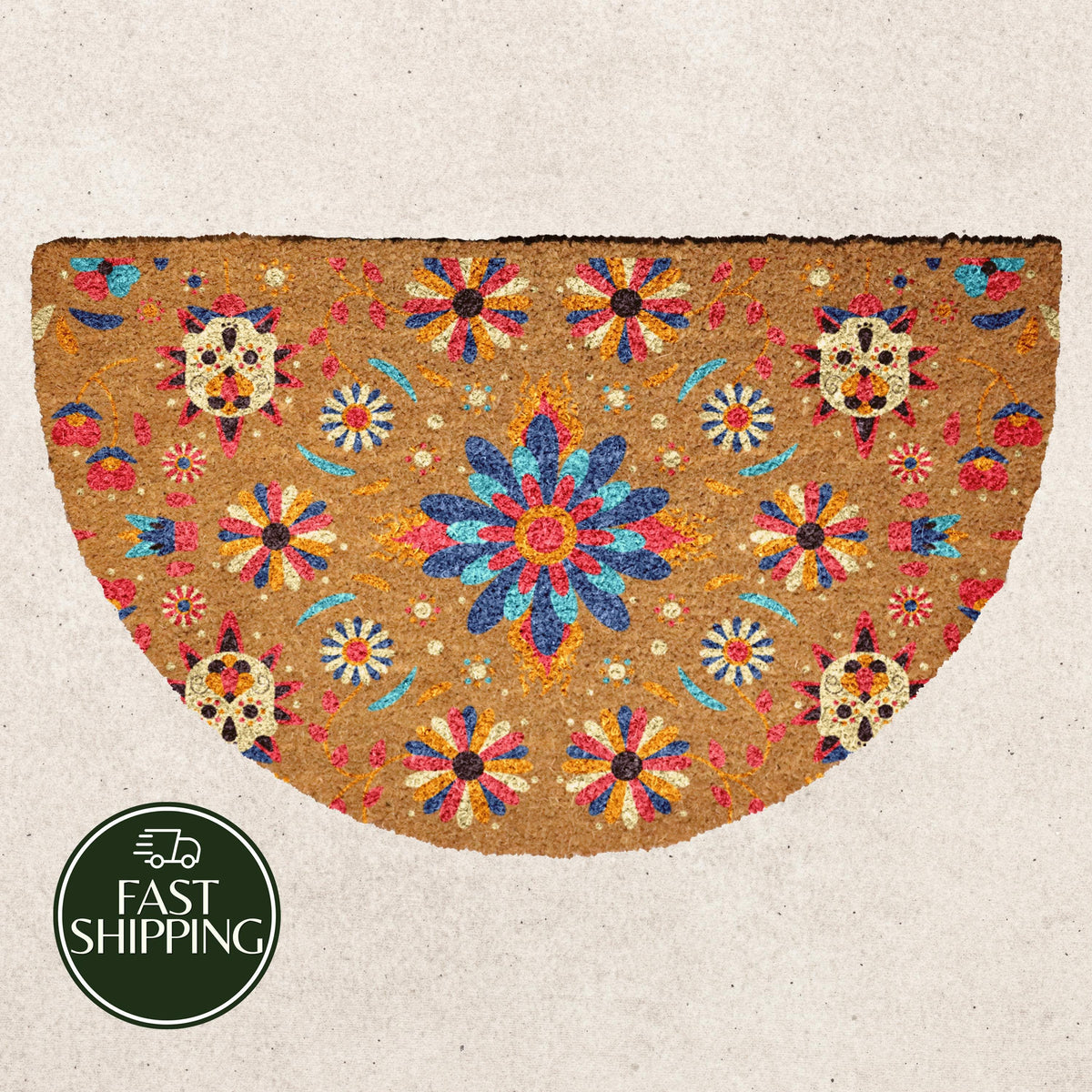 Aesthetic Bohemian Floral Doormat, Colorful Mandala Flower Pattern Welcome Mat