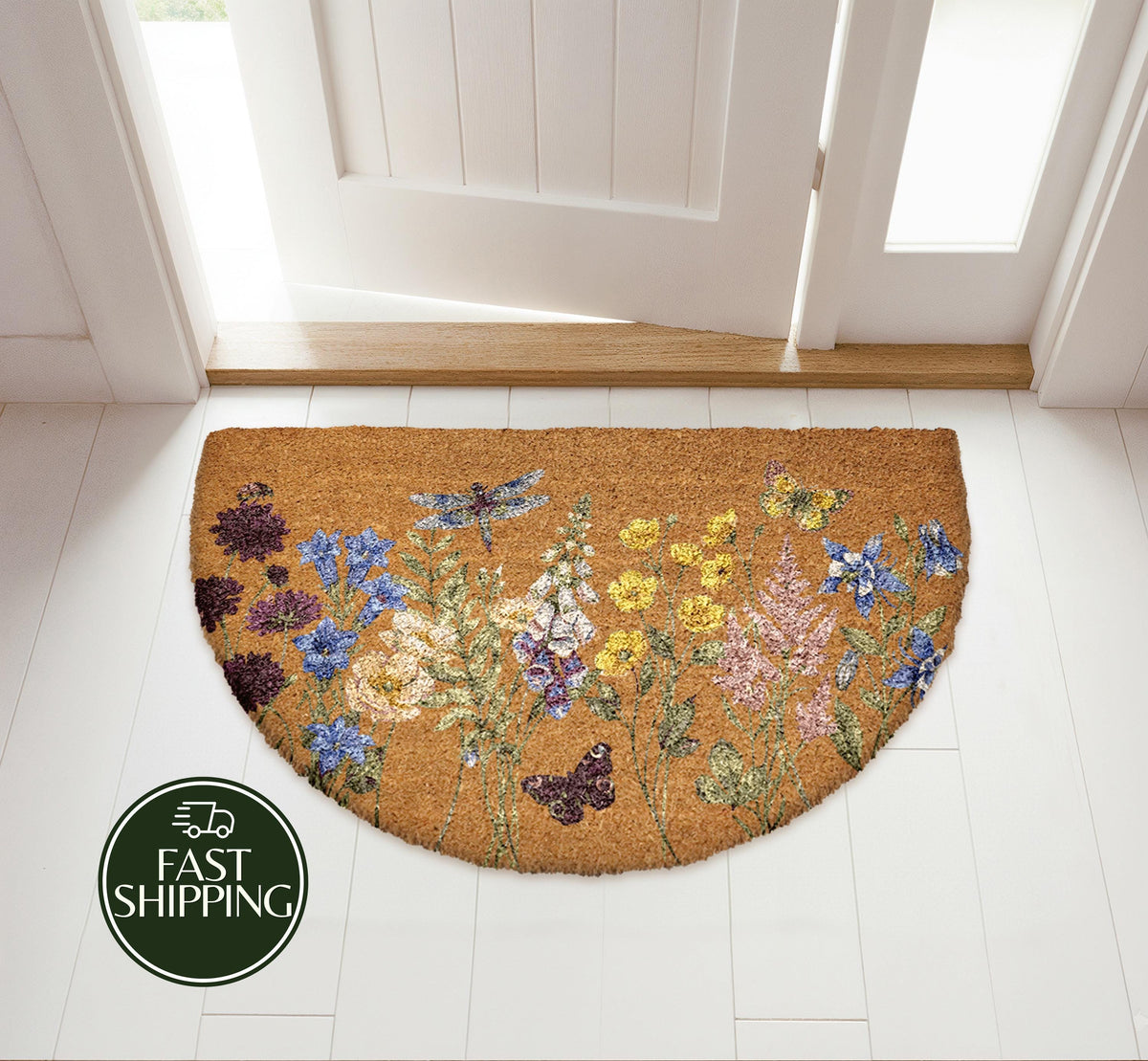 Colorful Wild Flower & Butterfly Doormat, Boho Floral Welcome Mat