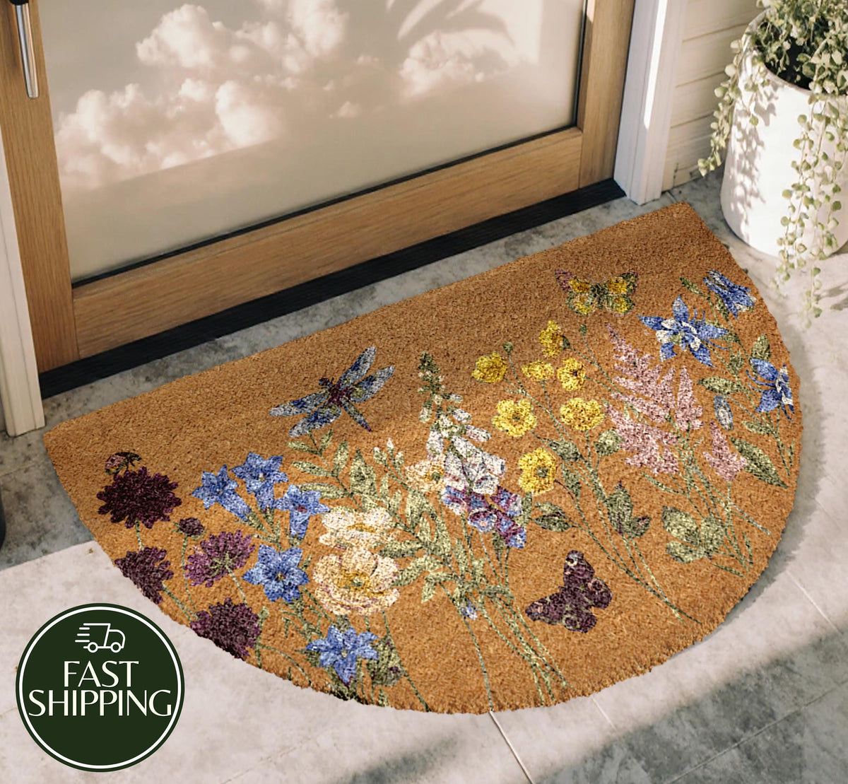 Colorful Wild Flower & Butterfly Doormat, Boho Floral Welcome Mat