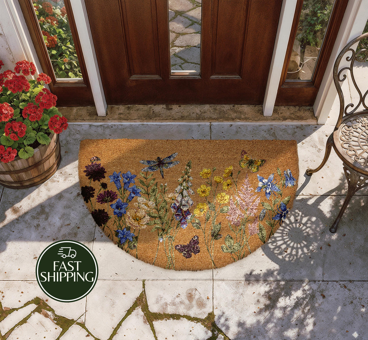 Colorful Wild Flower & Butterfly Doormat, Boho Floral Welcome Mat