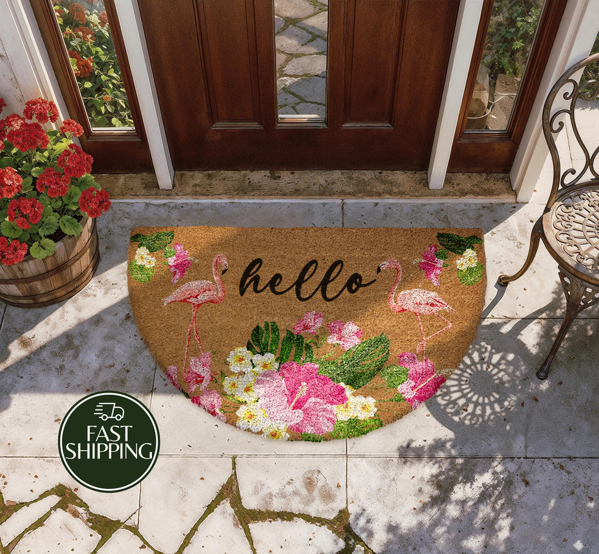 Flamingo Hello Doormat, Floral Tropical Welcome Mat, Summer House Decor, Coastal New Home Gift