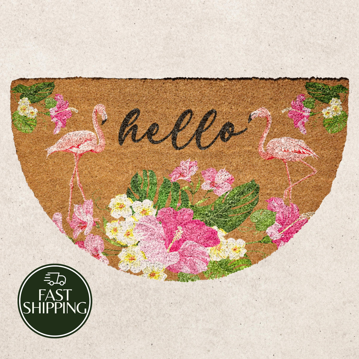 Flamingo Hello Doormat, Floral Tropical Welcome Mat, Summer House Decor, Coastal New Home Gift