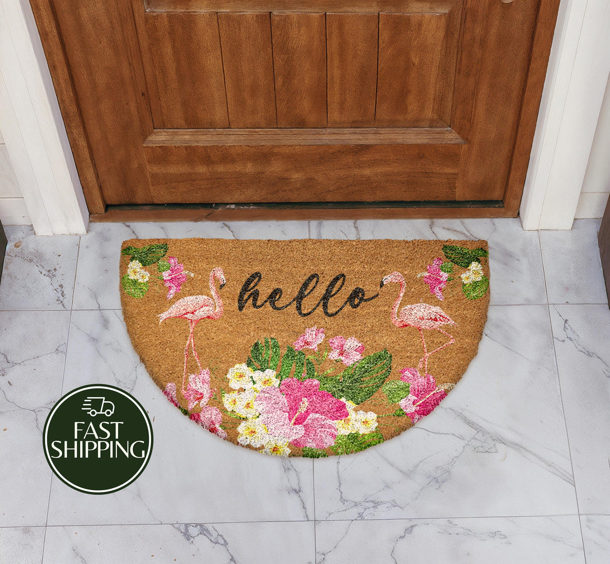 Flamingo Hello Doormat, Floral Tropical Welcome Mat, Summer House Decor, Coastal New Home Gift