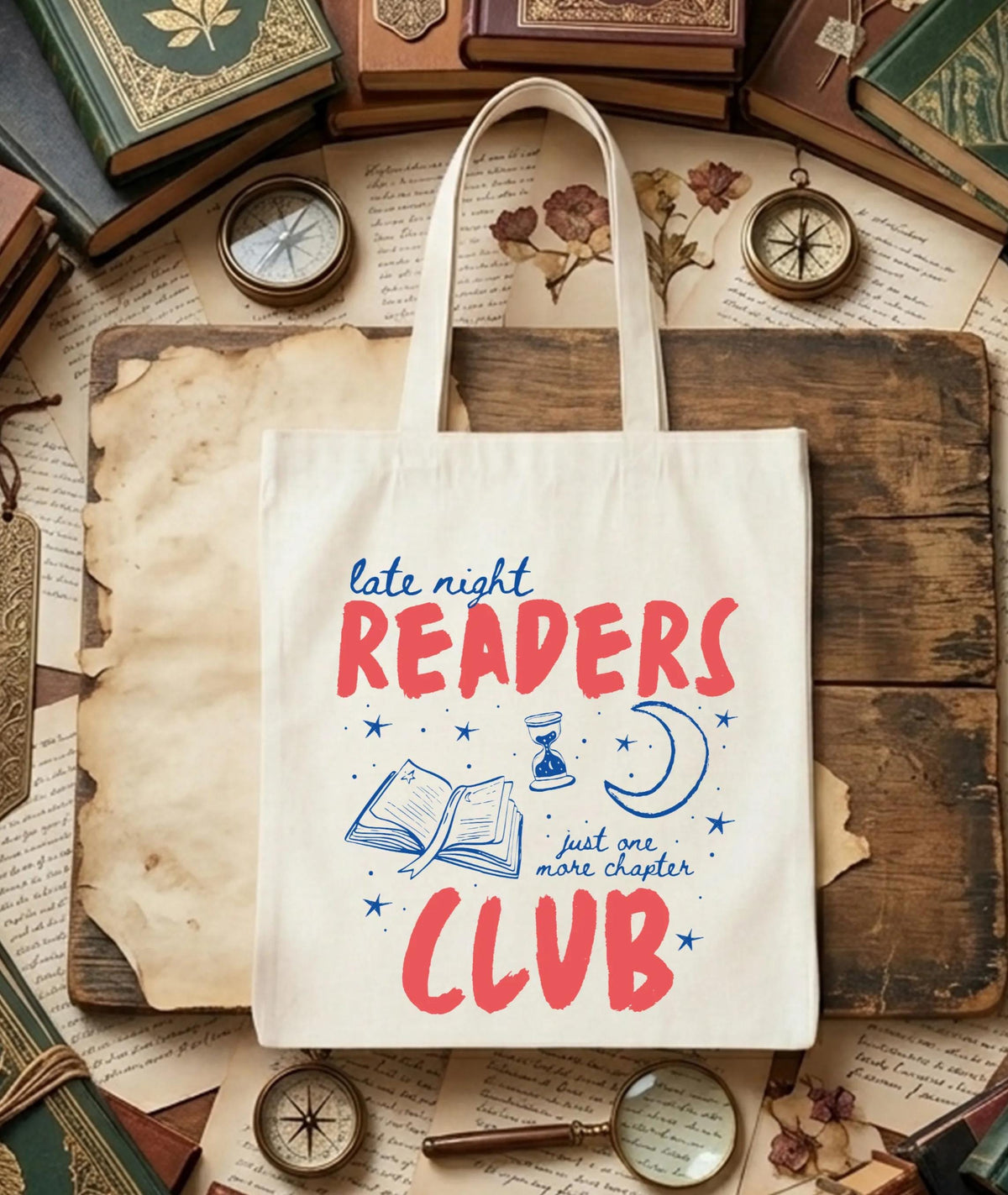 Late Night Readers Tote Bag, Book Lover Gift Tote, Canvas Bookworm Tote Bag