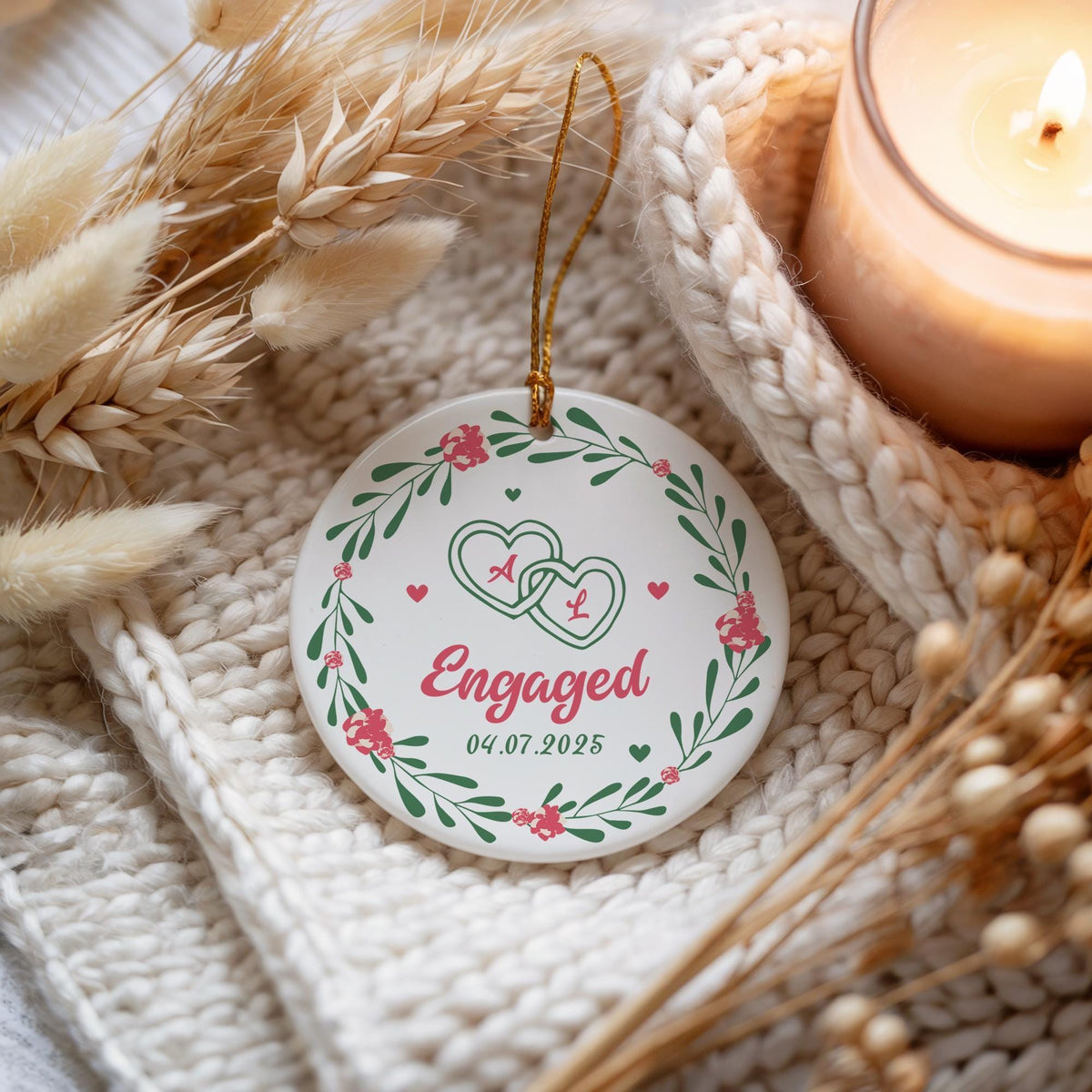 Personalized Engagement Date Ornament, Floral Wreath Engaged Keepsake