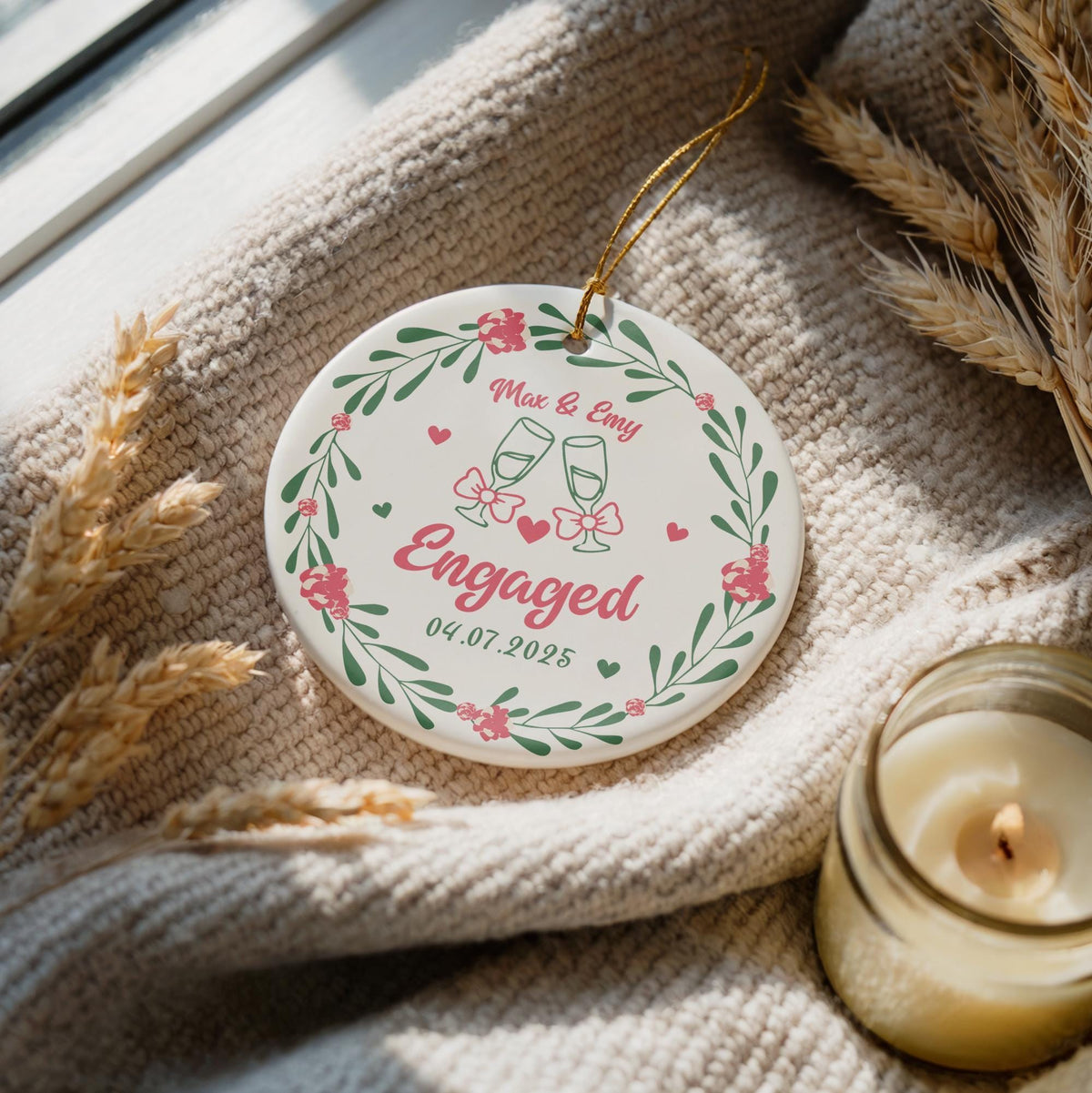 Personalized Engagement Date Ornament, Floral Wreath Engaged Keepsake