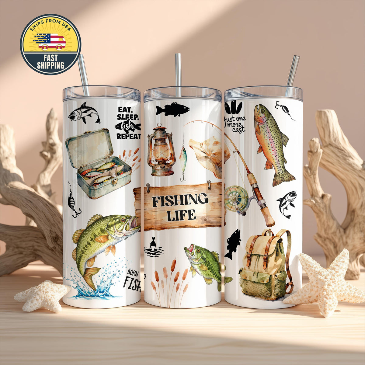 Eat Sleep Fish Repeat Tumbler, Fishing Life Tumbler, Fishing Insulated Cup