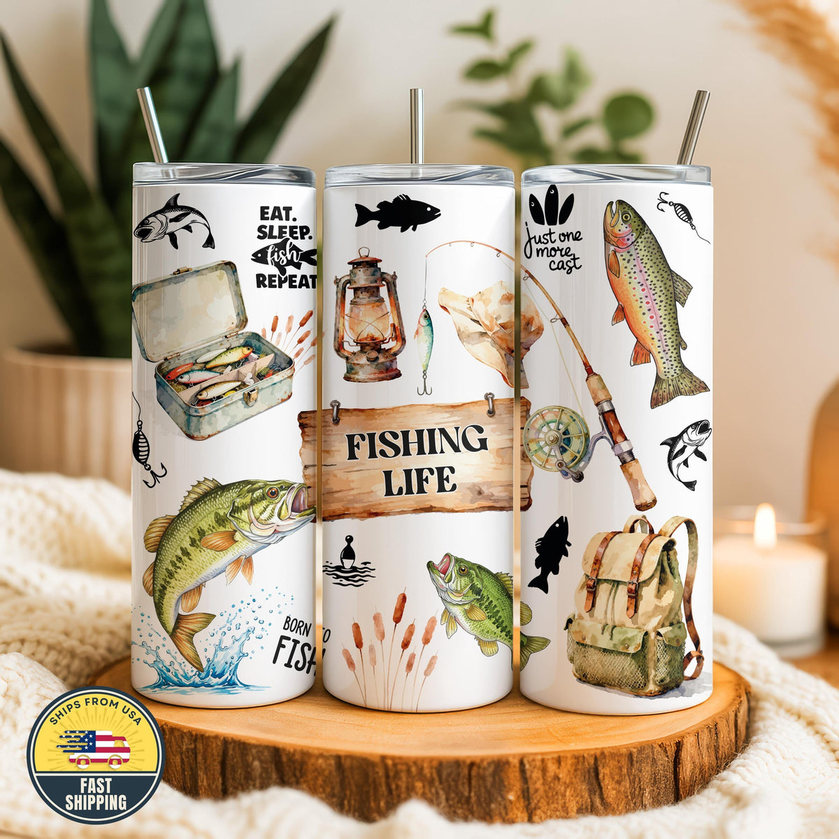 Eat Sleep Fish Repeat Tumbler, Fishing Life Tumbler, Fishing Insulated Cup