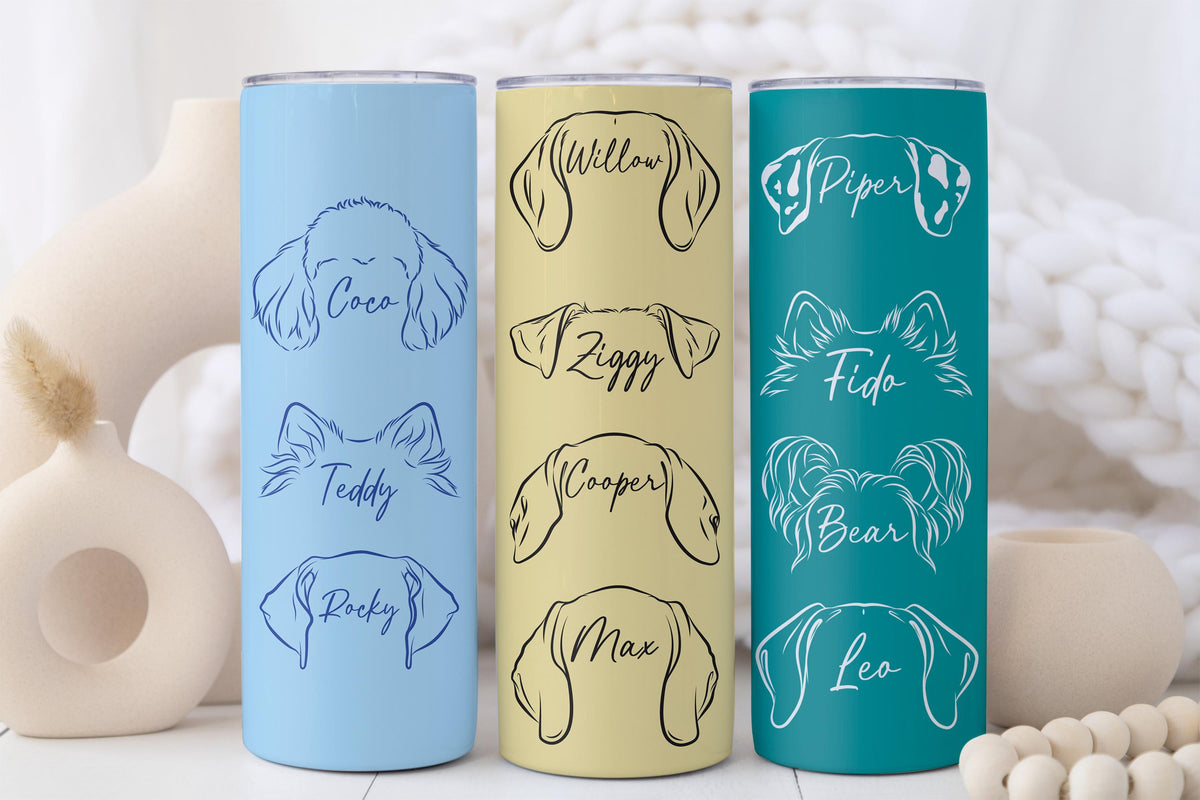 Personalized Dog Ear with Name Tumbler, Custom Pet Names Dog Mom Coffee Cup, Pet Lovers Travel Cup, Colorful Dog Breed Tumbler Gift