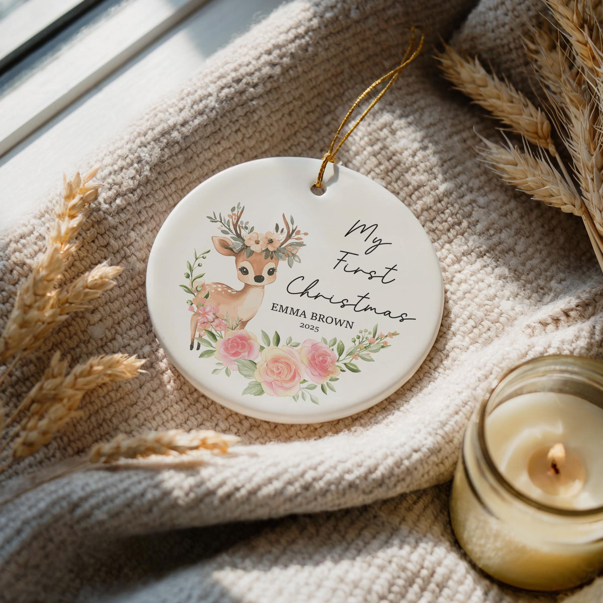 Customizable Baby Deer Themed My First Christmas Ornament