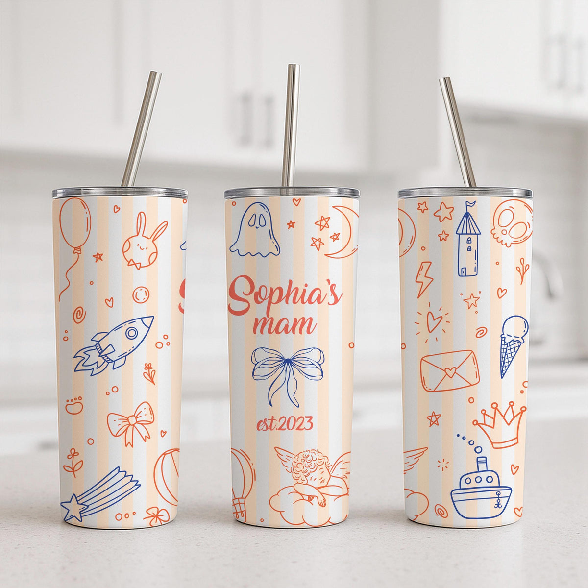 Personalized Mom Tumbler, Custom Name Doodle Travel Mug, Insulated Coffee Cup