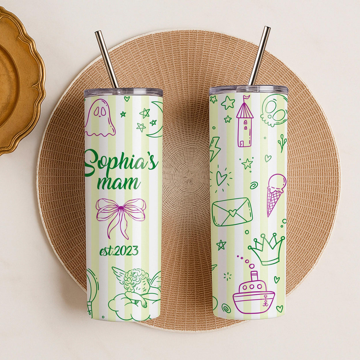 Personalized Mom Tumbler, Custom Name Doodle Travel Mug, Insulated Coffee Cup